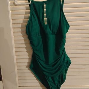 Ellen Tracy Green One Piece Swimsuit with V-Neck and Ruching